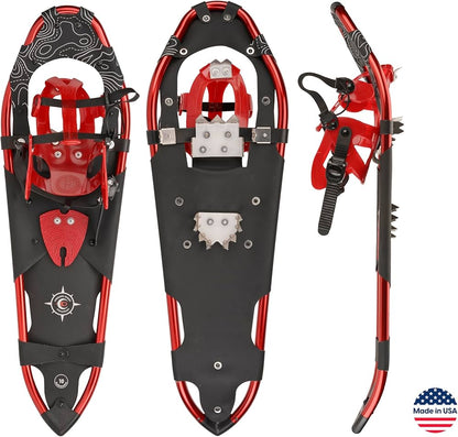 Sawtooth 27 rental snowshoes with  in red. Designed and manufactured in the USA.